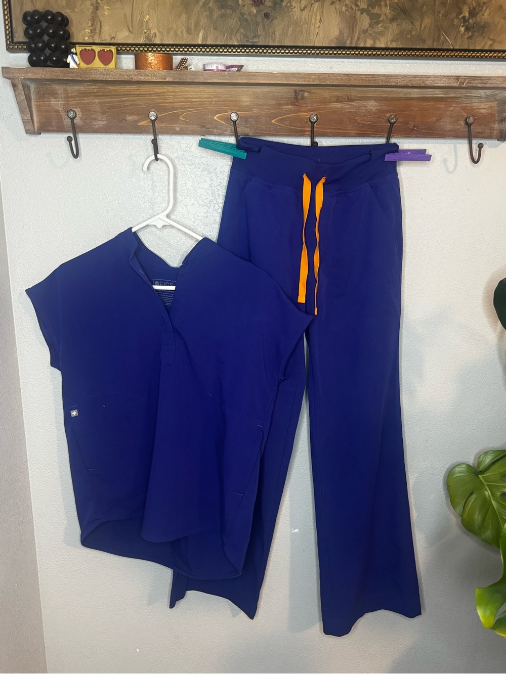 Figs Royal Blue Scrub Top & Joggers with Orange Drawstring